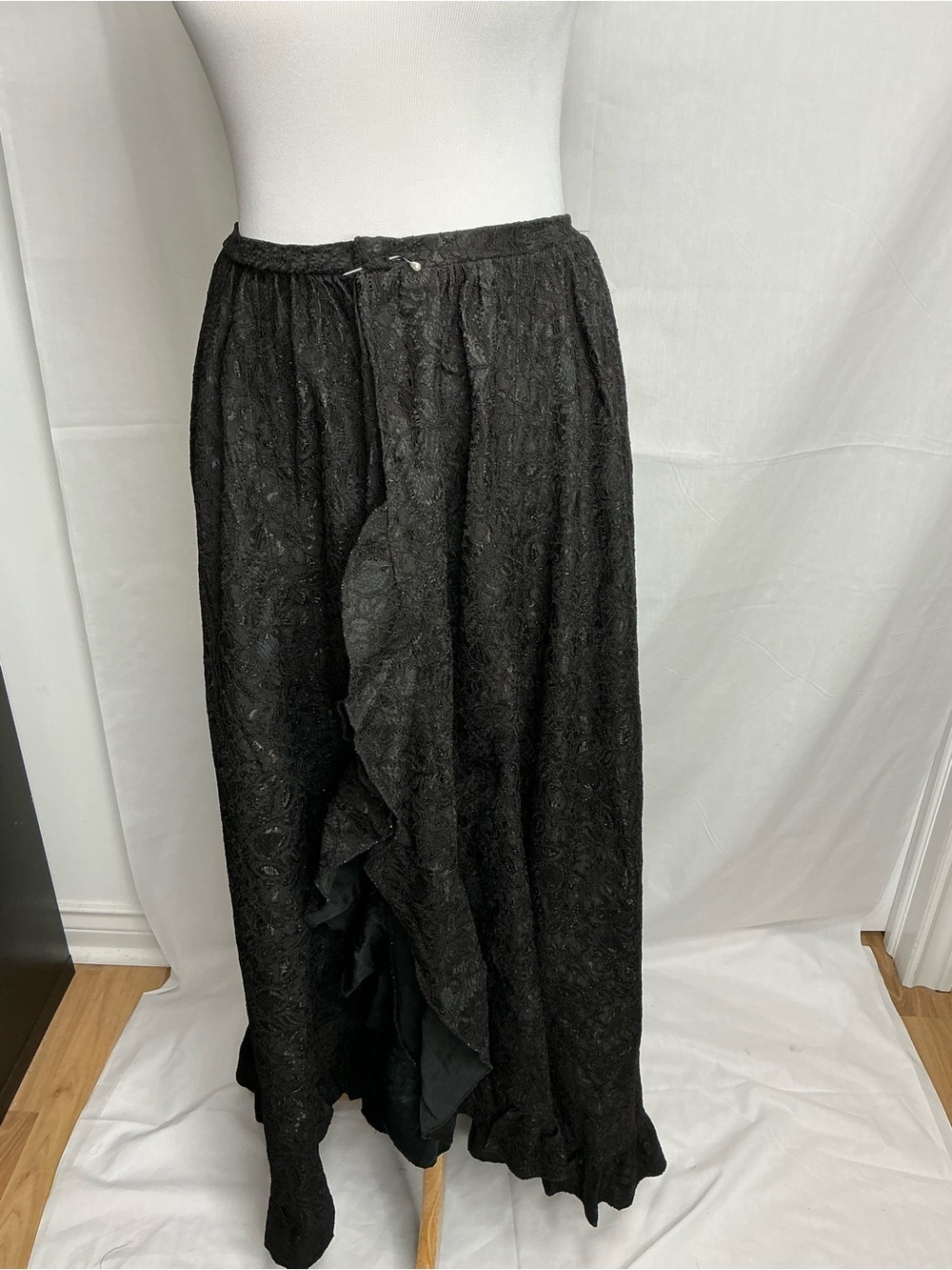 2203 - Gothic lace maxi skirt, asymmetrical ruffle drape, Victorian steampunk